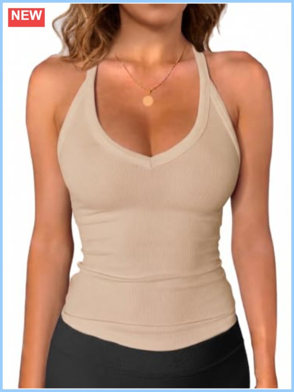 V-Neck Ribbed Tank Top Slim Fit Spaghetti Strap Stretchy Soft Cami